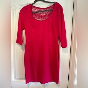 Hot pink 3/4 sleeve summer dress with crocheted back detail